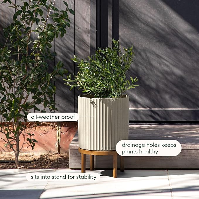 Veradek Demi Series Round Planter w/Stand for Porch/Patio | Durable Plastic-Stone Composite & Wooden Stand | Modern Décor for Tall Plants, Flowers