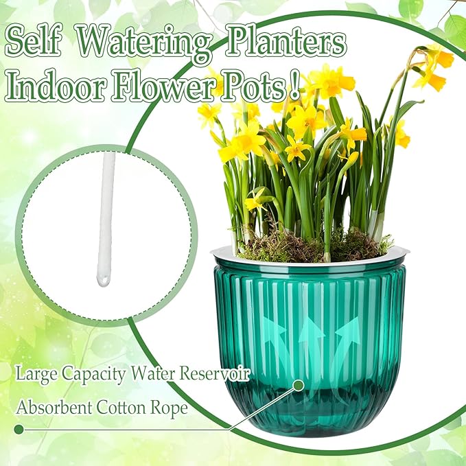 3 Pcs Self Watering Pots for Indoor Plants Planters with Drainage Holes 8.3" 6.5" 4.5" Flower Pots Durable Plastic with Wick Rope and Reservoir Emerald Green Clear for Herbs African Violet