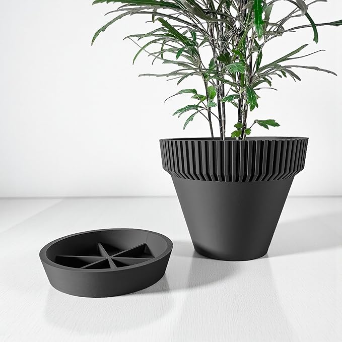 Vertex Vessel Modern Planter – Ribbed Cone Pot with Matching Tray, Flower Planter with Drainage for Indoor Plants & Modern Home Decor (Obsidian Black, Outer Dimensions: Compact 6" Width x 4" Height)