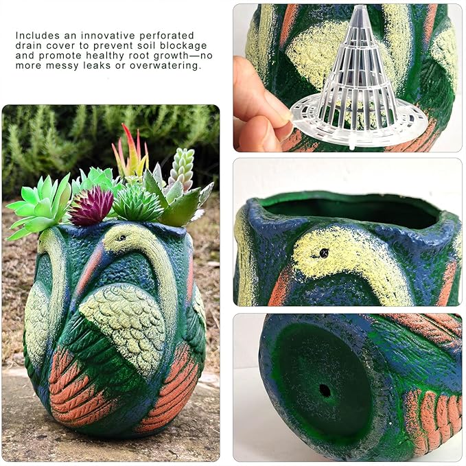 Ceramic Flowerpot with Bird Glaze Patterns,Vintage-Inspired Oval Thick Green Glaze Cylindrical Planter for Succulents Indoor Outdoor Decor
