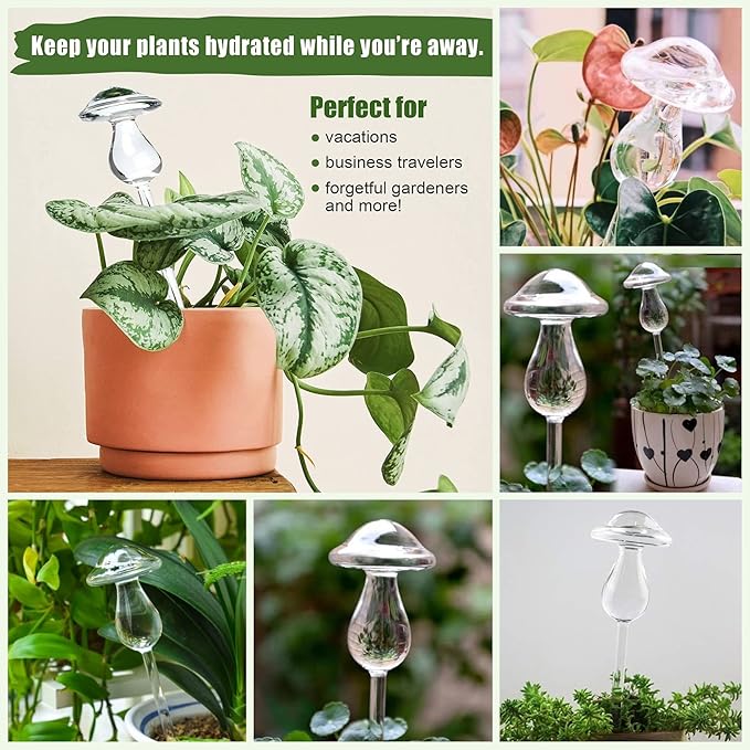 Kingbuy Mushroom Shaped Self-Watering Globes - 4 Pack Glass Automatic Plant Waterer for Indoor Outdoor Plants, Water Bulbs & Decorative Stakes for Plant Lovers