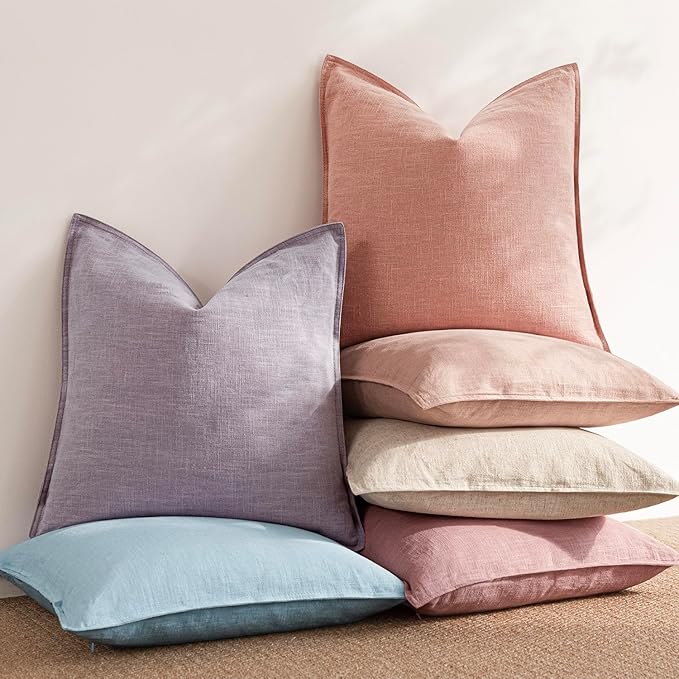 Foindtower Pack of 2, Decorative Linen Soild Throw Pillow Covers Soft Accent Euro Cushion Case Boho Farmhouse Pillowcase for Chair Couch Sofa Bedroom Living Room Home Decor 22 x 22 Inch Coral Pink