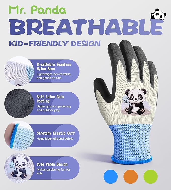 Mr. Panda 3 Pairs Skin-Friendly kids gardening gloves for Age 5-7, Rubber Coated childrens garden gloves, toddler work gloves, XXS