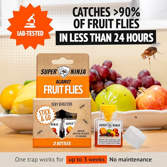 Super Ninja Fruit Fly Traps for Indoors - 1 Pack, Highly Effective Fruit Fly Catcher for Indoor Use for Home & Kitchen, Up to 3 Weeks of Performance per Bottle, Kid & Pet Friendly