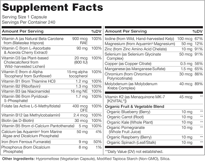 NATURELO One Daily Multivitamin for Women w/Vitamin B12, 240 Ct, Energy Support, Whole Food Daily Women Multivitamin Supplement, Nourish Hair/Skin/Nail, Non-GMO, No Soy, Gluten Free, 8 Month Supply