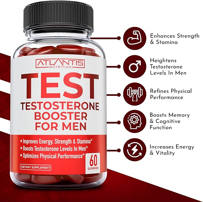 Atlantis Nutrition Testosterone Booster Gummies for Men - Enhances Strength & Stamina - Optimizes Performance & Male Enhancement - Tribulus, Goat Weed Extract, Maca Root Extract | 60 Gummies
