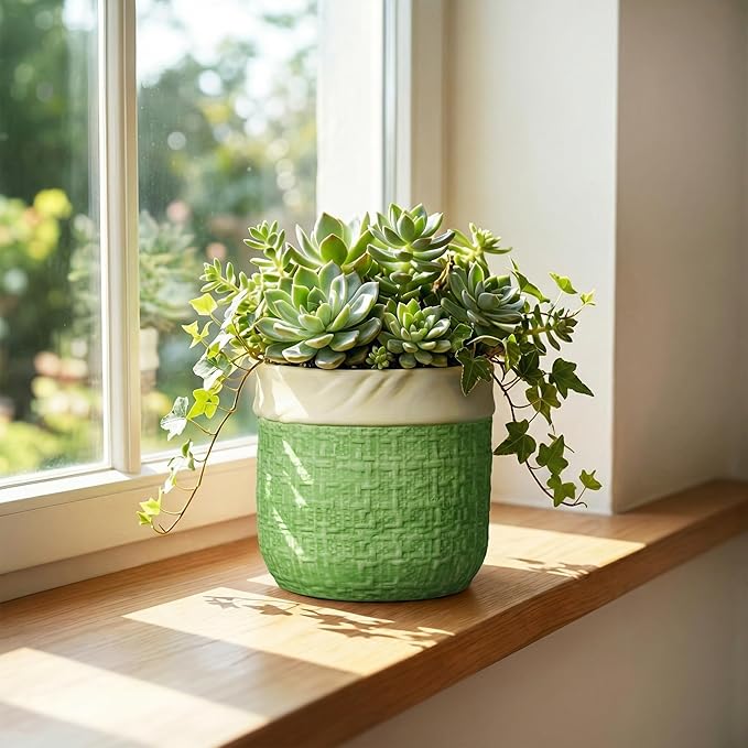 Ceramic Plant Pots - 6 Inch Plant Pot with Drainage Hole, Boho Planters for Indoor Succulent Plants, Decorative Round Unique Flower Pots, Garden Home Office Decor, Housewarming Gifts, Green