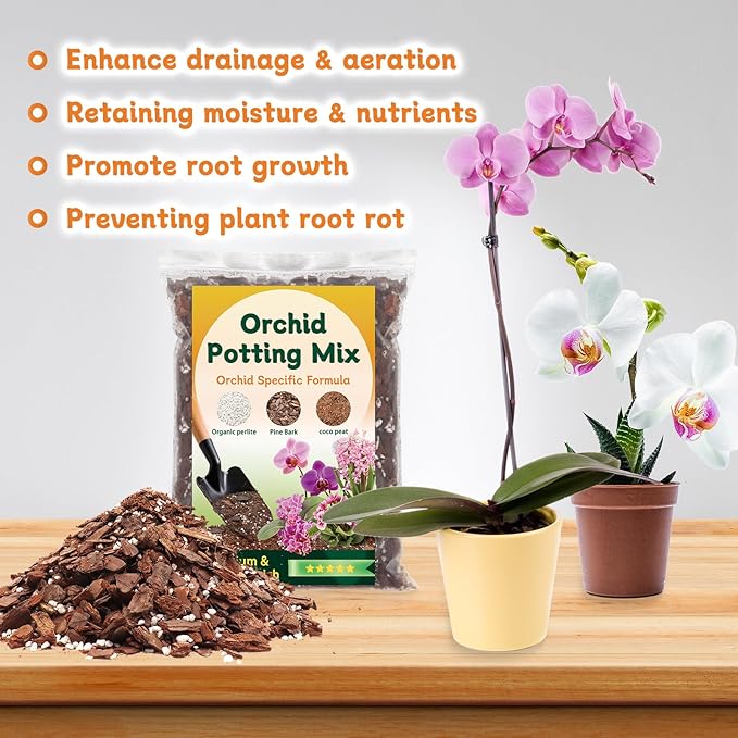 Orchid Potting Mix,Premium Orchid Bark Potting Mix for Repotting Blend with Pine Bark,Perlite,Coco Peat, Natural Ingredients for Indoor Potted Plant, Well Drainage and Ventilation 2QT