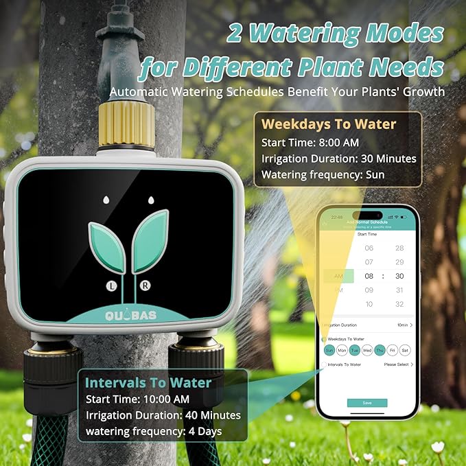 QUOBAS Smart WiFi Water Timer for Garden Hose, 2 Zone Brass Sprinkler Timer with App Control & Rain Delay/Auto/Manual 3 Modes for Drip Irrigation, Pool & Lawn, Battery Powered