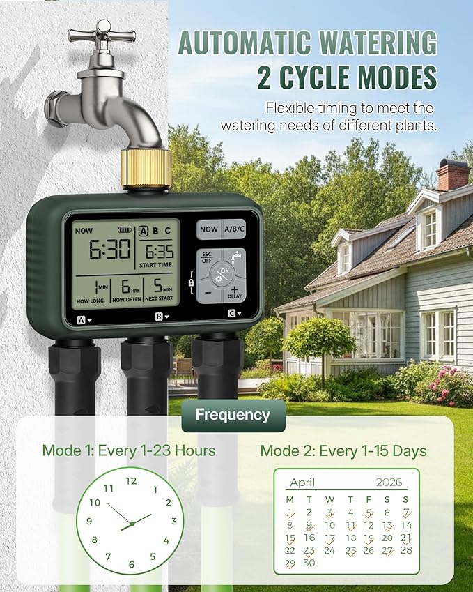 3 Zone Brass Sprinkler Timer, Garden Hose Timer, Automatic Irrigation System, Programmable Faucet, 3 Outlets, with Rain Delay, Manual Mode,Child Lock, for Yard, Garden, Lawn, Green E13WT06