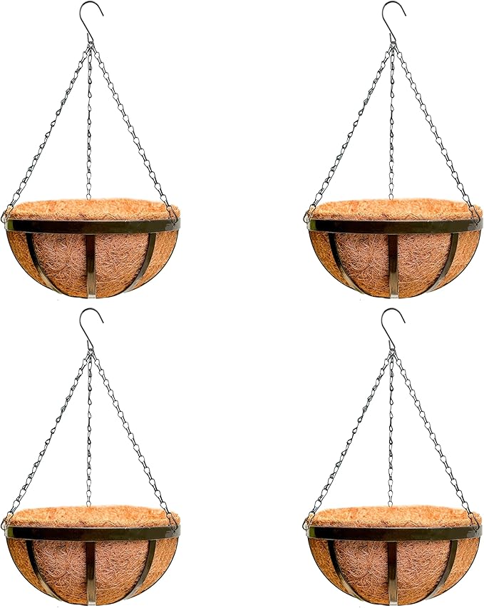 LaLaGreen Outdoor Hanging Baskets for Plants (16 Inch, 4 Pack) Black Large Hanging Planter with Coco Liner, Flat Iron Plant Pot Metal Flower Pots Deck Patio Porch Garden Balcony Outside Decoration