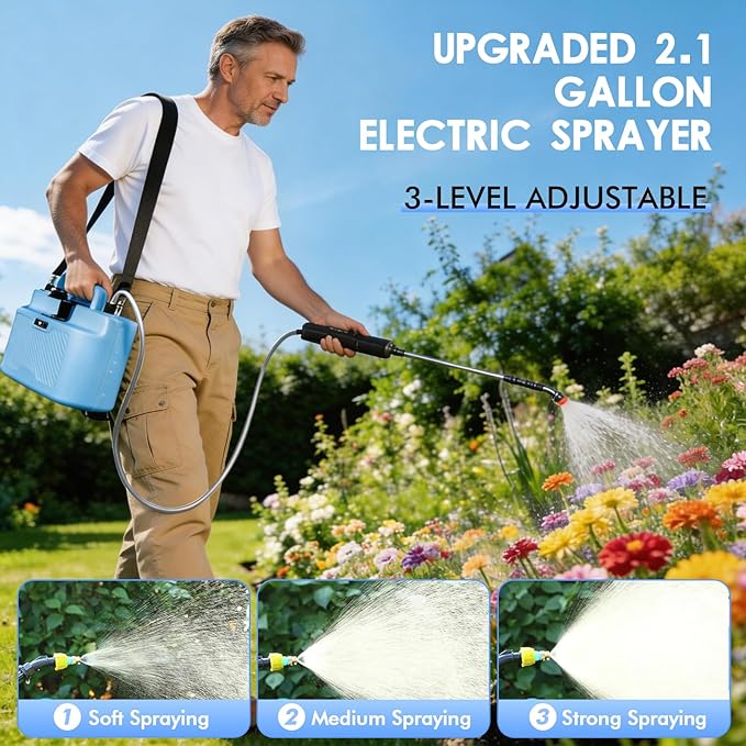 Battery Powered Sprayer 2 Gallons: Features Three-Speed Settings, Battery Indicator, Four Atomizing Nozzles, and an Extendable Spray Wand—Ideal for Backyard Lawn and Garden Tasks