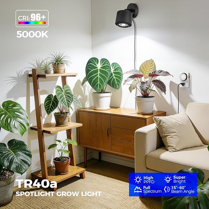 Barrina TR40a Track Plant Lights for Indoor Growing, 40W Ceiling Grow Lights with Adjustable Beam Angle (15°-60°), 5000K Full Spectrum Wall Plant Light with Timer for Greenhouse, Black Cover