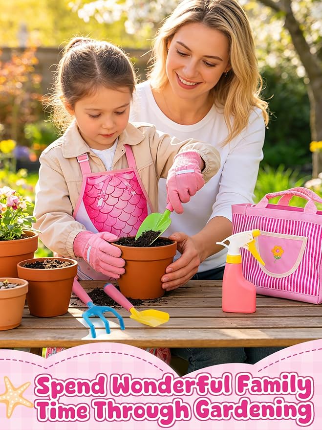 Kids Gardening Tool Set - Garden Tools for Kids with Shovel Trowel Rake Apron Gloves Watering Can and Tote Bag, Outdoor Toys Great Gifts for 3 4 5 6 7 8+ Years Old Girls (Downward Mermaid Tail)