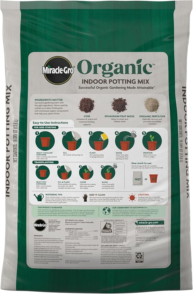 Miracle-Gro Organic Indoor Potting Mix - Protects Against Over and Under Watering, Planting Soil for Indoor Container Plants, Houseplants and Starter Plants, OMRI Listed, 16 qt. (2-Pack)