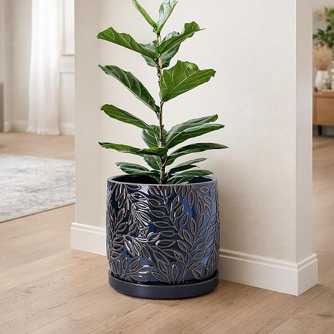 D'vine Dev 10 Inch Embossed Leaves Stoneware Planter Pot with Drainage Hole and Saucer, Midnight Blue, 27-A-P-3