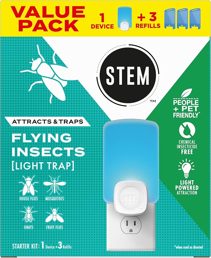 STEM Insect Trap - Indoor Fruit Fly & Gnat Pest Control for House, Home and Kitchen, Attracts & Traps Flying Bugs, Soft Blue Light - Includes 1 Plug-in Device & 3 Cartridges
