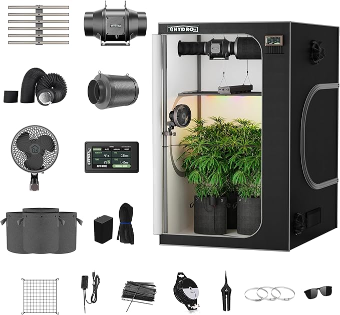 4x4 Grow Tent Kit Complete System with WiFi App Control, 1680D Oxford Canvas, Black, Indoor Plant Growing Enclosure