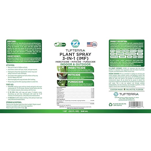 Plant Spray 3-in-1 Insecticide, Miticide, Fungicide | Natural Bug Spray, Indoor & Outdoor Plants | Essential Oils & Castile Soap | Aphids, Mites, Whiteflies, Thrips, Mildew, Mold | 32oz