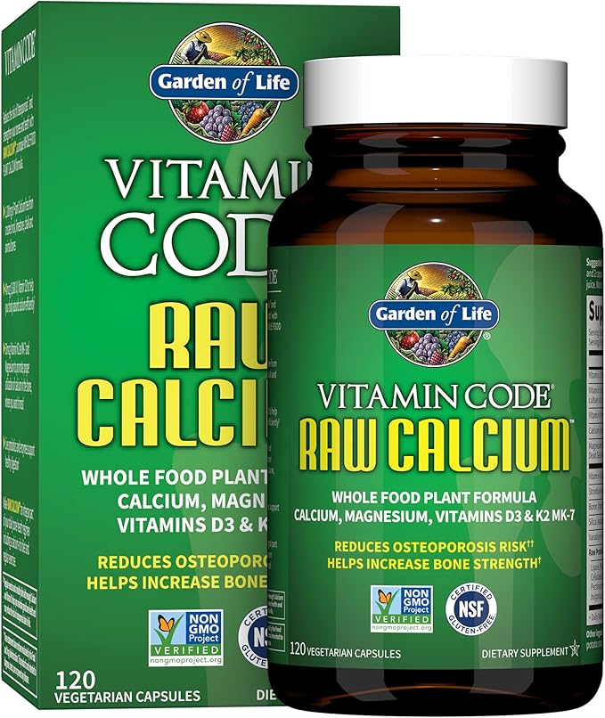 Garden of Life Raw Calcium Supplement for Women and Men - Vitamin Code Made from Whole Foods with Magnesium, K2, Vitamin D3 and Vitamin C plus Probiotics for Digestion, 120 Capsules