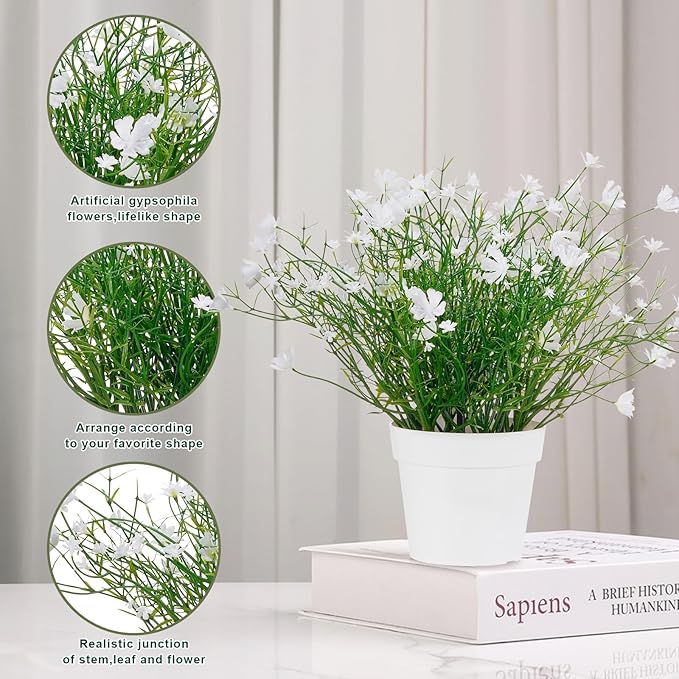 Artificial Babys Breath Potted Fake Plants with Flowers Faux Plants Indoor for Home Office Bookshelf Table Room Decor, White (Pack of 2)