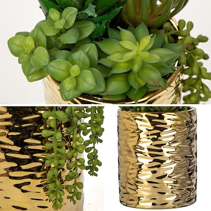 Hollyone Gold Artificial Succulents in Pots Faux Succulents Plants Fake Succulent Arrangement Potted Plants with Gold Tall Ceramic Vase for Desk Bathroom Shelf Living Room Indoor Home Decor Large