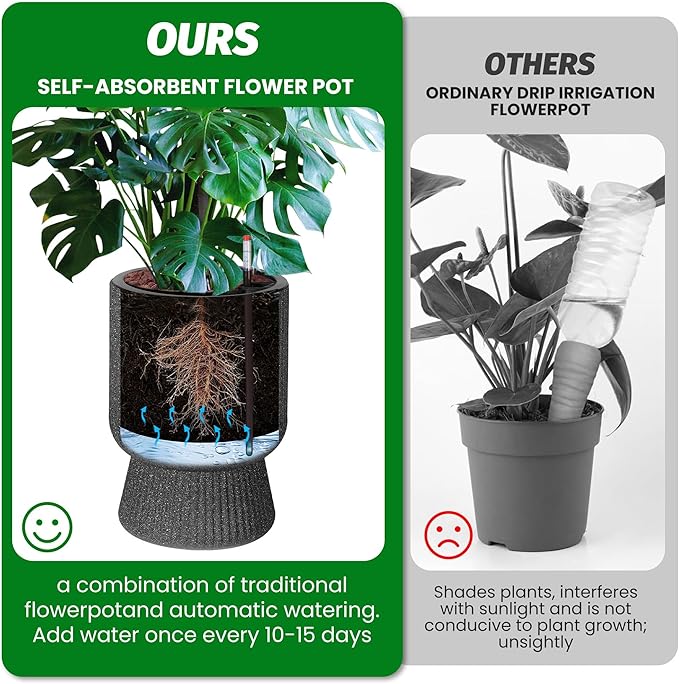 IDEALHOUSE Self Watering Planters Set of 2, 14.2 Inch Tall Outdoor/Indoor Flower Pots with Water Level Indicator, Large Modern Planter with Hidden Reservoir for Patio, Porch, Balcony,Black