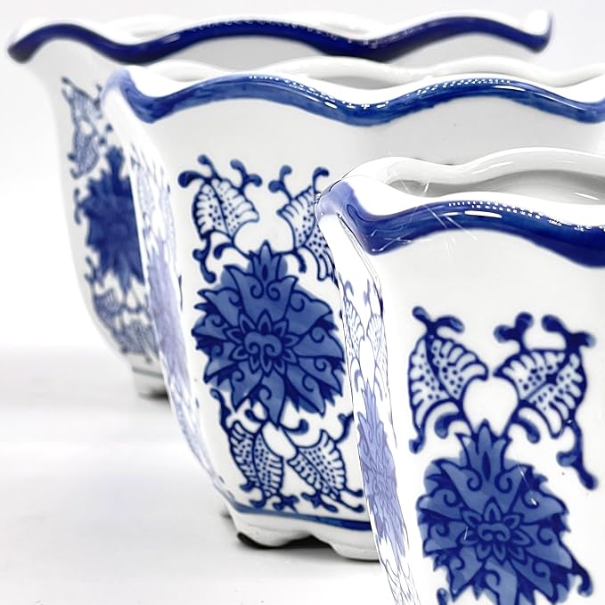 Galt International Blue & White Floral Porcelain Ceramic Decorative Flower Pot 8"/6"/4.5" Garden Pots Chinese Asian Design - Set of 3 Round Fluted