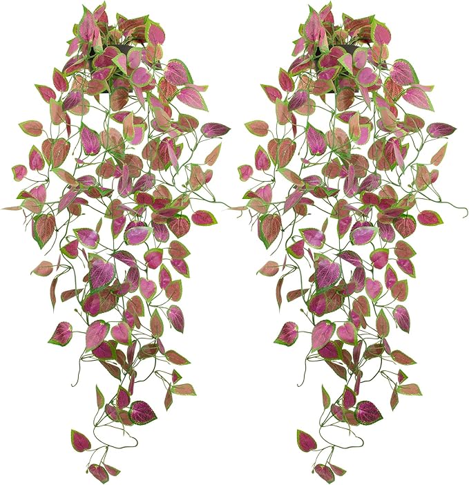 LOYWREE 2 Pack Artificial Purple Ivy Hanging Vine Plants - Small Potted Long Trailing Cascading Foliage, Gothic Home Decor for Indoor/Outdoor, Office, Garden & Shelf (Black Pot)
