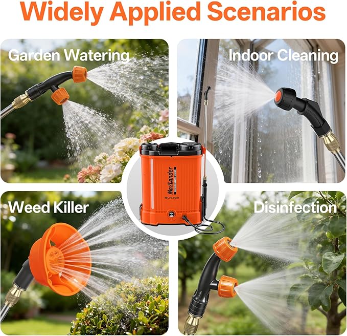 Maxlander Battery Powered Backpack Sprayer 4.2 Gallon, Electric Graden Sprayer Works with 2 x 20V 2.0Ah Battery, 90 PSI Adjustable Pressure Sprayer with 6 Spray Nozzles