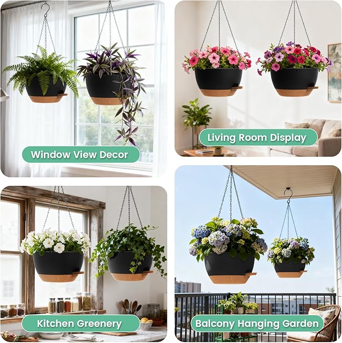 UOUZ 13 Inch 2 Pack Large Self Watering Hanging Planters for Indoor Outdoor Plants, Hanging Plant Pots with Removable 50 Oz Reservoir, Plastic Hanging Basket for Window Porch Garden, Black with Brown