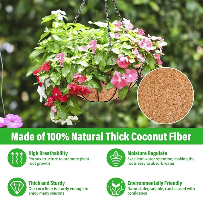 Legigo 6 Pack 10 Inch Metal Hanging Baskets for Plants Outdoor- Round Wire Hanging Planters Basket with Coconut Coir Liner, Hanging Flower Pot for Outdoor Plants Flowers Garden Decorations