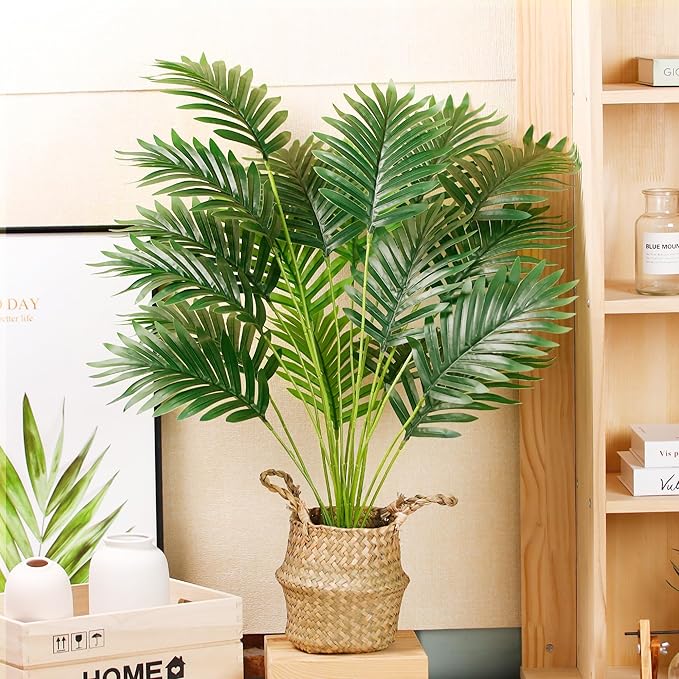 Der Rose Fake Palm Tree 28Inch Faux Plant Potted Tall Fake Plant with Hand-Woven Baskets Artificial Tree for Indoor Outdoor Home Office Bedroom Porch Balcony Decor