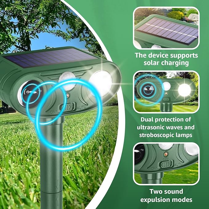 Solar Ultrasonic Animal Repellent Outdoor with Motion Sensor Strobe Light Deer Repellent Devices for Squirrel Rats Snakes Rabbit 25KHZ Silent Deterrent Dual Mode Yard Garden Lawn Pest Control 2PCS