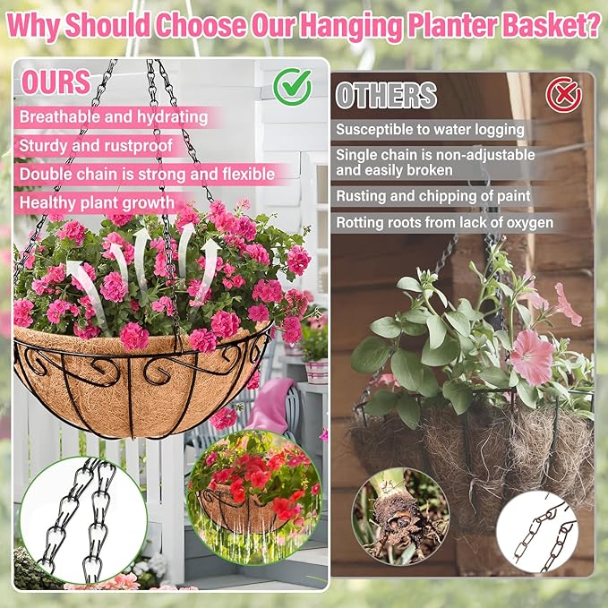 Legigo 6 Pack 14 Inch Metal Hanging Baskets for Plants Outdoor- Round Wire Hanging Planters Basket with Coconut Coir Liner, Hanging Flower Pot for Outdoor Plants Flowers Garden Decorations