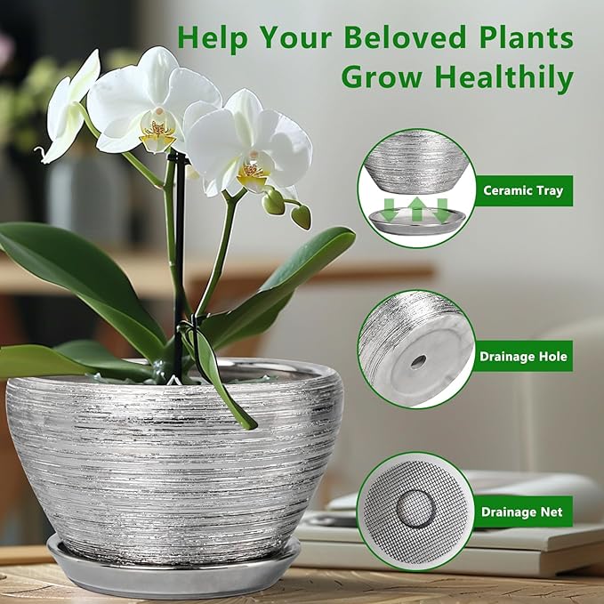 Ceramicfor Flower Pot for Indoor Plants - Ceramic Planter 11 Inch Plant Pot with Drainage Hole and Saucer Large Decorative Planter Outdoor Mid-Century Planter for House Decor Silver