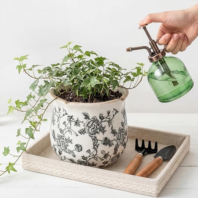 DREAMLOOM Vintage Ceramic Planter for Indoor Plants,6.1" Ice Crack Cottage Scroll Vase Tuscan Decor Flower Pots with Drainage Holes Home Kitchen Farmhouse Antique Decorative Gift (Grey-Corrugated)