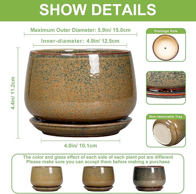 G EPGardening 6 Inch Plant Pot - Ceramic Succulent Pots with Drainage and Ceramic Tray, Round Planter for Indoor Outdoor Plants, Decorative Flower Pots, Home Decor, Gift for Women Men, Speckled Brown