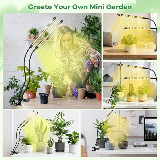 Led Grow Lights, 2 Heads Full Spectrum Plant Light with Clamp for Indoor Plants & Seed Starting, 10-Level Dimmable, Auto On Off, Timing 3 9 12Hrs
