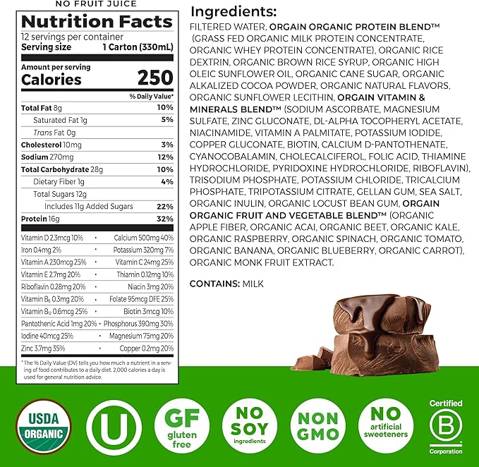 Orgain Organic Nutritional Protein Shake, Creamy Chocolate Fudge -16g Grass Fed Whey Protein, Meal Replacement, 20 Vitamins & Minerals, Fruits & Vegetables, Gluten Free, Non-GMO, 11 Fl Oz (Pack of 24)