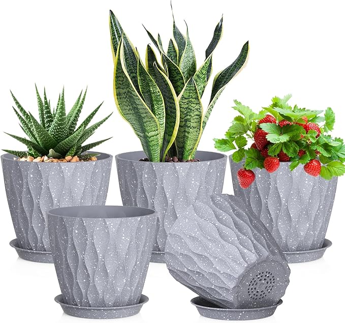 Meowell 7 inch Plant Pots for Indoor Outdoor Plants, 5 Pack Thick Flower Pots with Drainage Holes and Saucers, 3D Modern Wave Texture Plastic Planter Nursery Pots, Speckled Grey