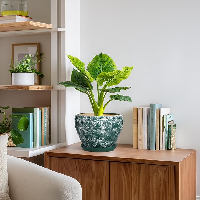8 Inch Planter Indoor - Ceramic Plant Pots for Indoor Outdoor Plants, Round Flower Pots with Drainage Hole and Saucer, Modern Planter, Apartment Decor, Gifts for Plant Lovers, Bubble Green