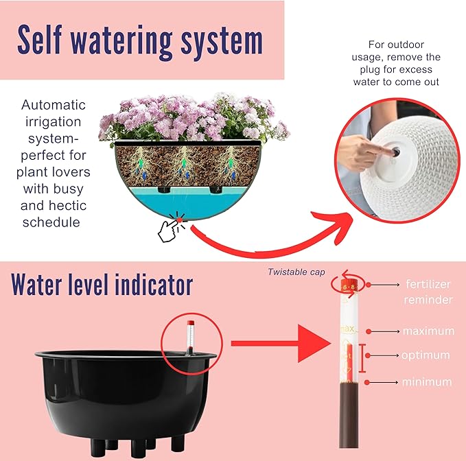 LaLaGreen Indoor Hanging Planter (11 Inch, 1 Pack) Self-Watering Round Flower Pot with Water Level Indicator, White Rattan Style Hanging Basket with Metal Chain for Balcony, Porch, Deck, Garden Decor