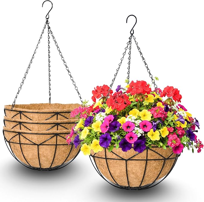 4 Pack 12 Inch Hanging Baskets for Plants Outdoor Metal Hanging Planters Round Hanging Flower Pots with Coco Coir Liner Plant Holder for Outdoor Patio Garden Balcony Decor - Geometric