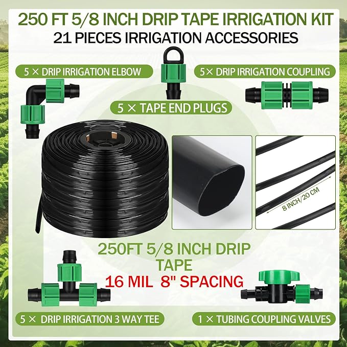250 ft 5/8 Inch Drip Tape Irrigation Kit Drip Tape 16 Mil 8" Spacing Hose Garden Watering Tubing System Automatic Irrigation Equipment for Plant, Landscape, Yard, Lawn and Farm