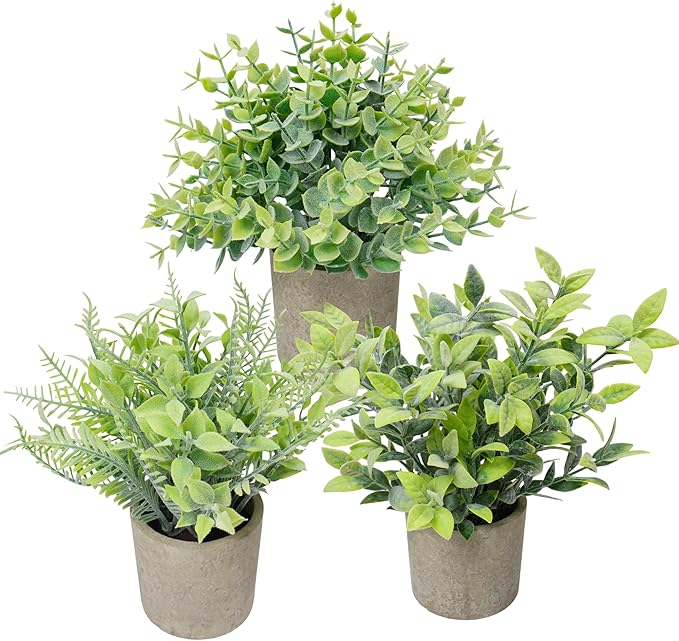 3 Pack Mini Potted Artificial Greenery, Realistic Frosted Faux Plants with Eco-Friendly Gray Pot, Lifelike Low-Maintenance Tabletop Decor for Home Office Desk Shelf