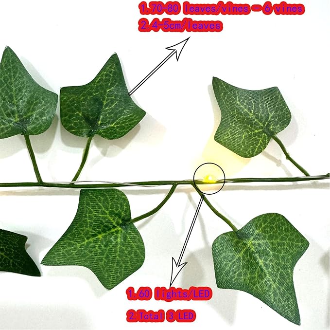 6 Pcs Artificial Hanging Plants Sweet Potato Leaf Vines With 60 Warm Lights, Fake Plant Vine Hanging Garland for Wall, PartyWedding, Home, Kitchen, Indoor and Outdoor Decoration (Creeper Vine Leaves)