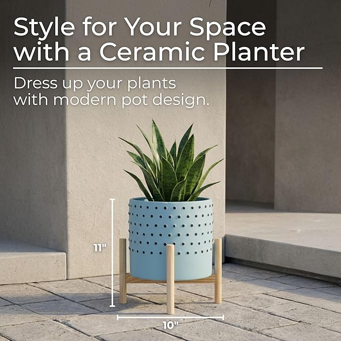 Ceramic Planter With Stand Indoor – Plant Stand Indoor For Elevated Greenery, Living Room Or Patio Placement, Textured Blue Home Decor Design Adds Height And Visual Impact – 11", Blue