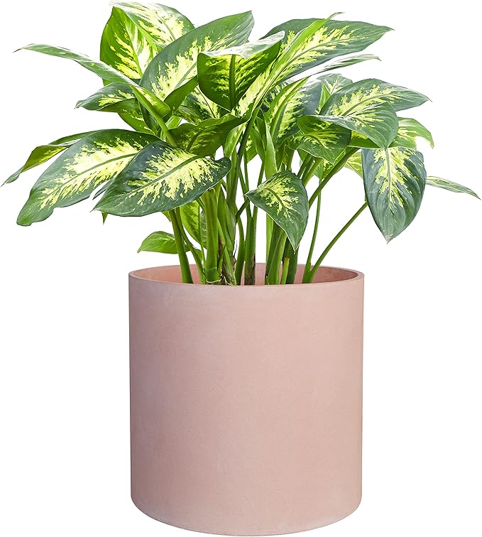 FaithLand 10 Inch Fiberstone Planter - Lightweight Modern Cylinder Plant Pot with Drainage Hole & Plug, Indoor Outdoor Use, Terracotta Color