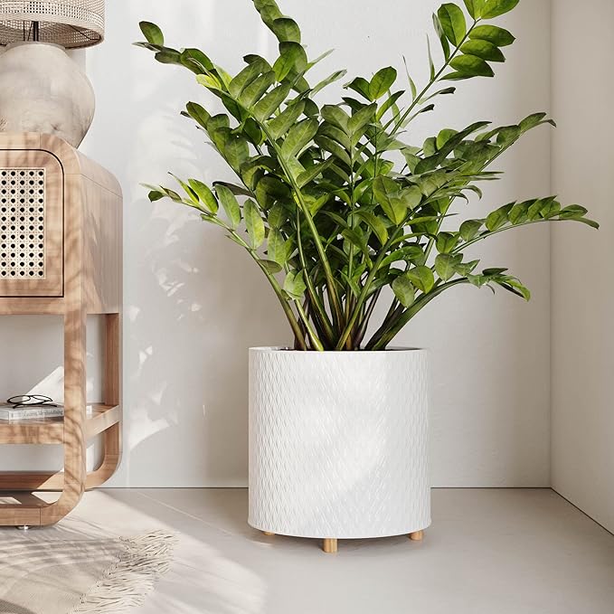 EverNest Claire Modern Indoor Plant Pot Set with Stand, White Pattern, SelectBase Cachepot, Neutral Mid-Century Modern Style, Metal Home Decor Planter (Set of 3)